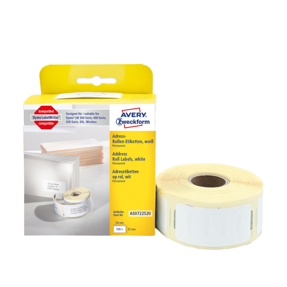 Rollen-Etiketten, 25x54mm, 500 Stück, weiß AVERY ZWECKFORM AS0722520 ZWECKFORM AS0722520 500ST perman.