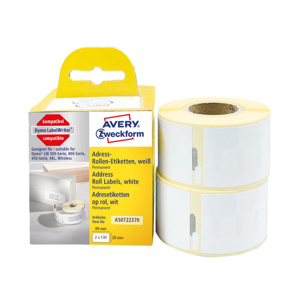 Rollen-Etiketten, 28x89mm, 260 Stück, weiß AVERY ZWECKFORM AS0722370 ZWECKFORM AS0722370 perman.
