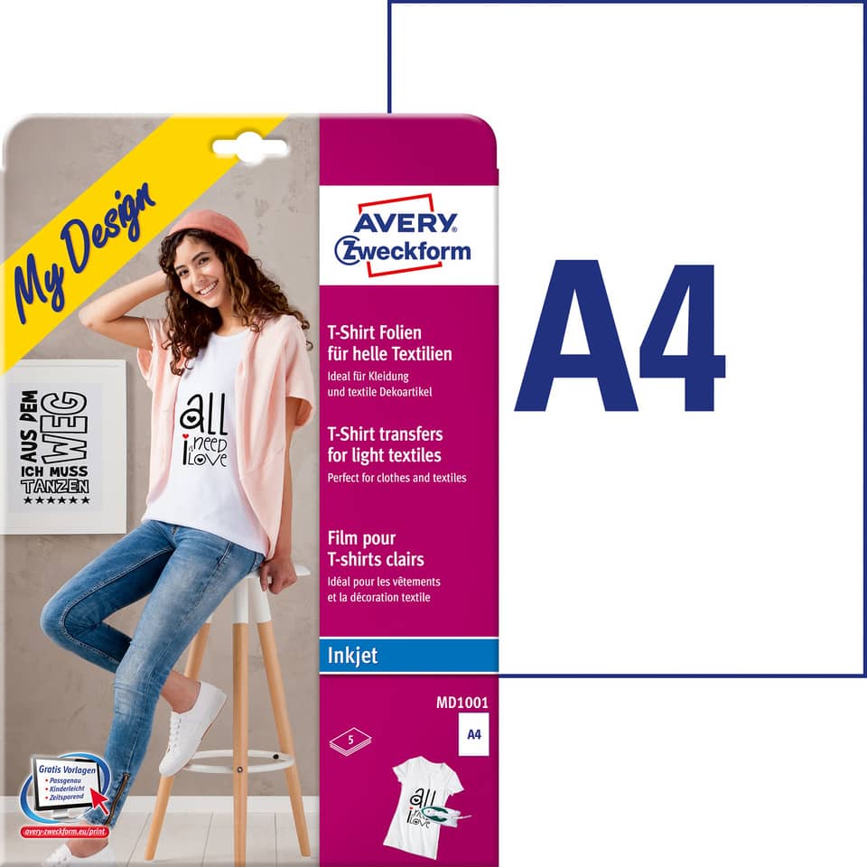 Transferfolien für helle Textilien, A4, 5 Blatt AVERY ZWECKFORM MD1001 ZWECKFORM MD1001 f.helle Text.