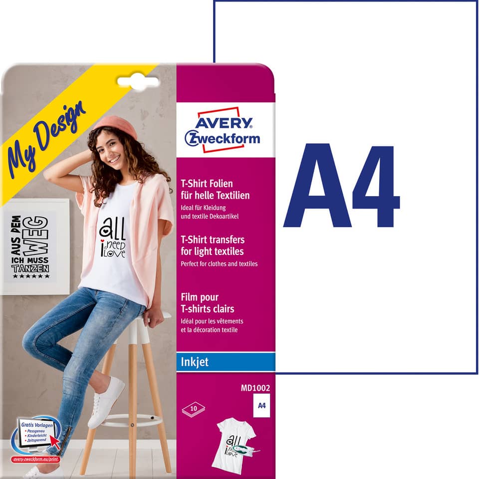 Transferfolien für helle Textilien, A4, 10 Blatt AVERY ZWECKFORM MD1002 ZWECKFORM MD1002 f.helle Text.