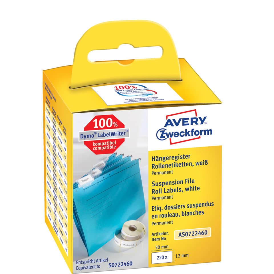 Rollen-Etiketten permanent, 12x50mm, 220 Stück, weiß AVERY ZWECKFORM AS0722460 ZWECKFORM AS0722460 permanent