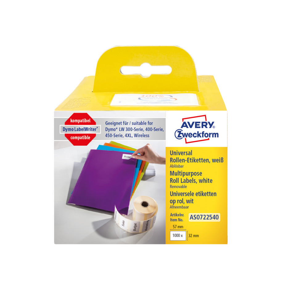 Rollen-Etiketten ablösbar, 32x57mm, 1000 Stück, weiß AVERY ZWECKFORM AS0722540 AVERY ZWECKFORM AS0722540 ablösbar
