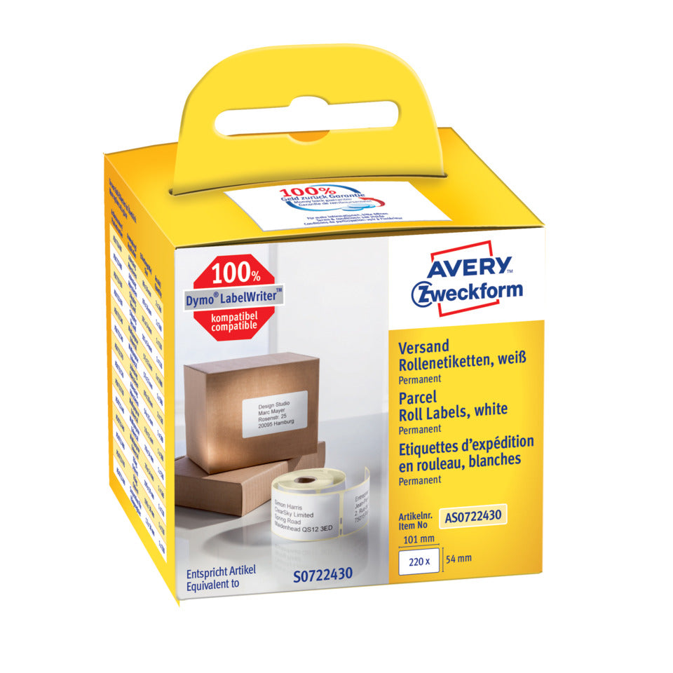 Rollen-Etiketten permanent, 54x70mm, 220 Stück, weiß AVERY ZWECKFORM AS0722430 AVERY ZWECKFORM AS0722430 permanent