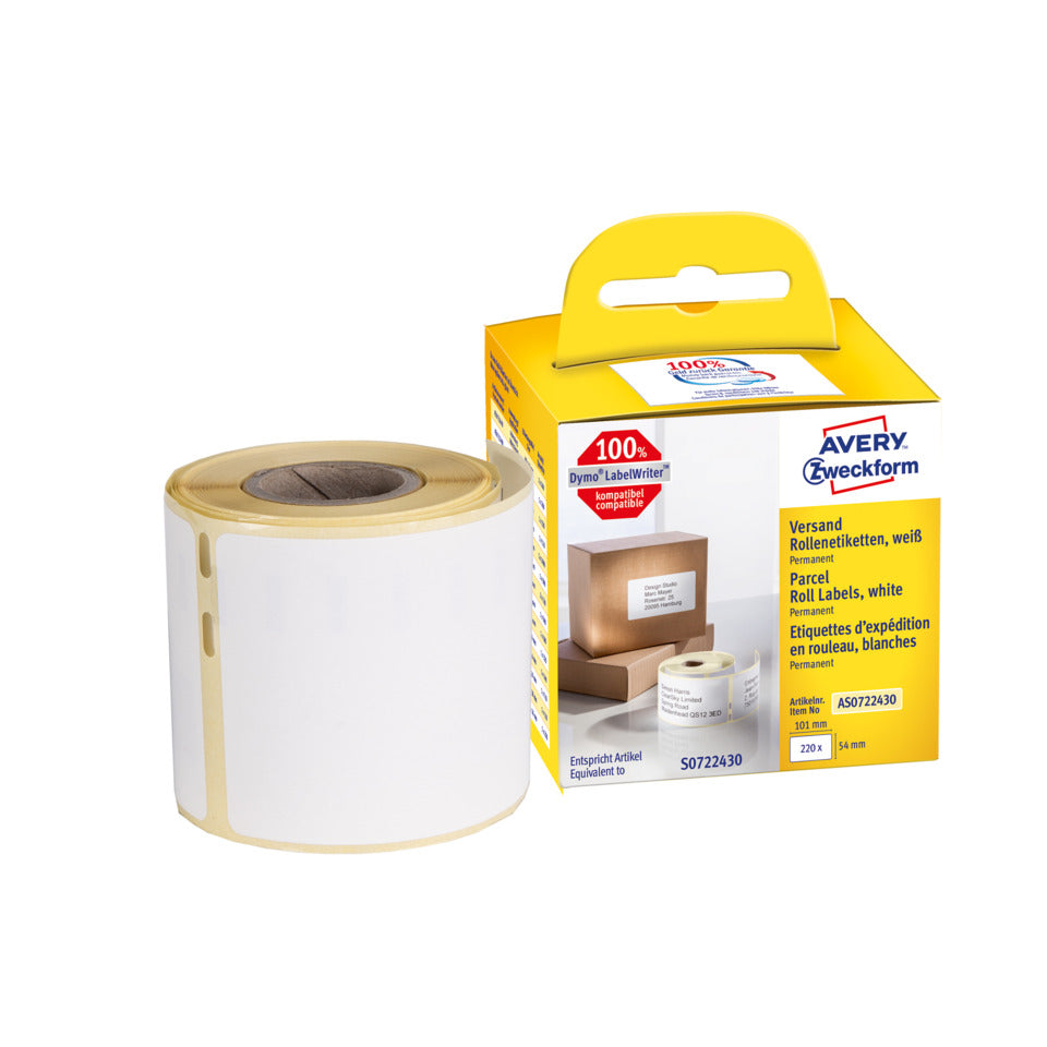 Rollen-Etiketten permanent, 54x70mm, 220 Stück, weiß AVERY ZWECKFORM AS0722430 AVERY ZWECKFORM AS0722430 permanent