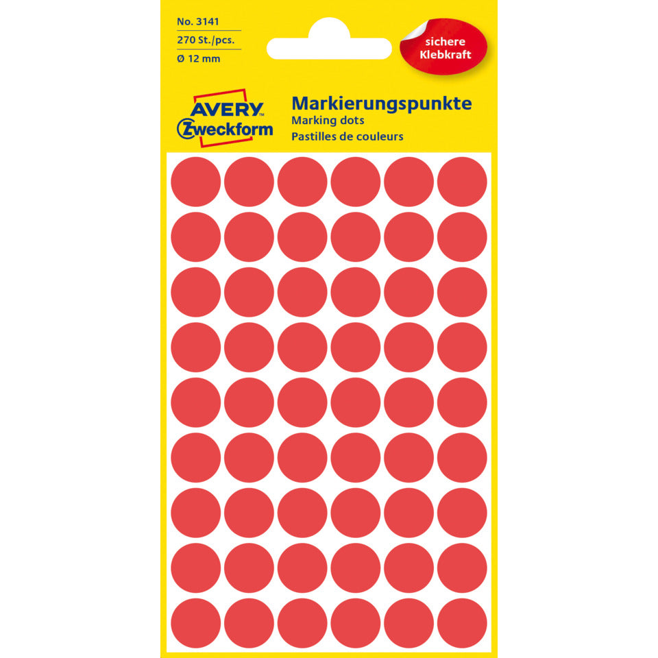 Markierungspunkte, Ø12mm, 270 Stück, rot AVERY ZWECKFORM 3141 ZWECKFORM 3141 permanent haftend
