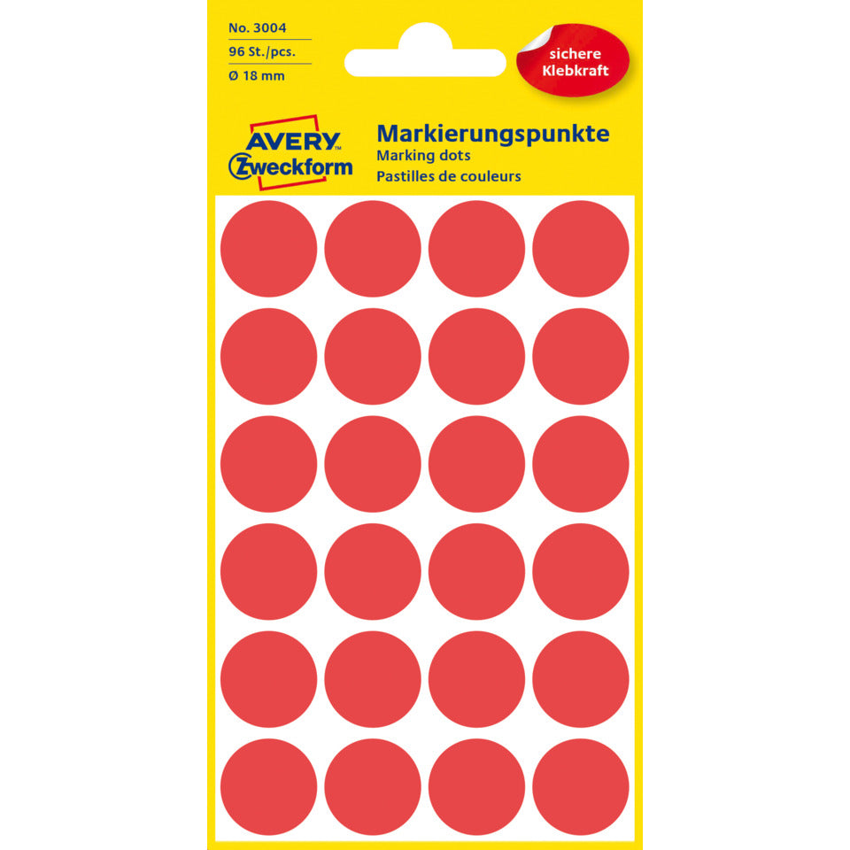 Markierungspunkte, Ø18mm, 96 Stück, rot AVERY ZWECKFORM 3004 ZWECKFORM 3004 permanent haftend