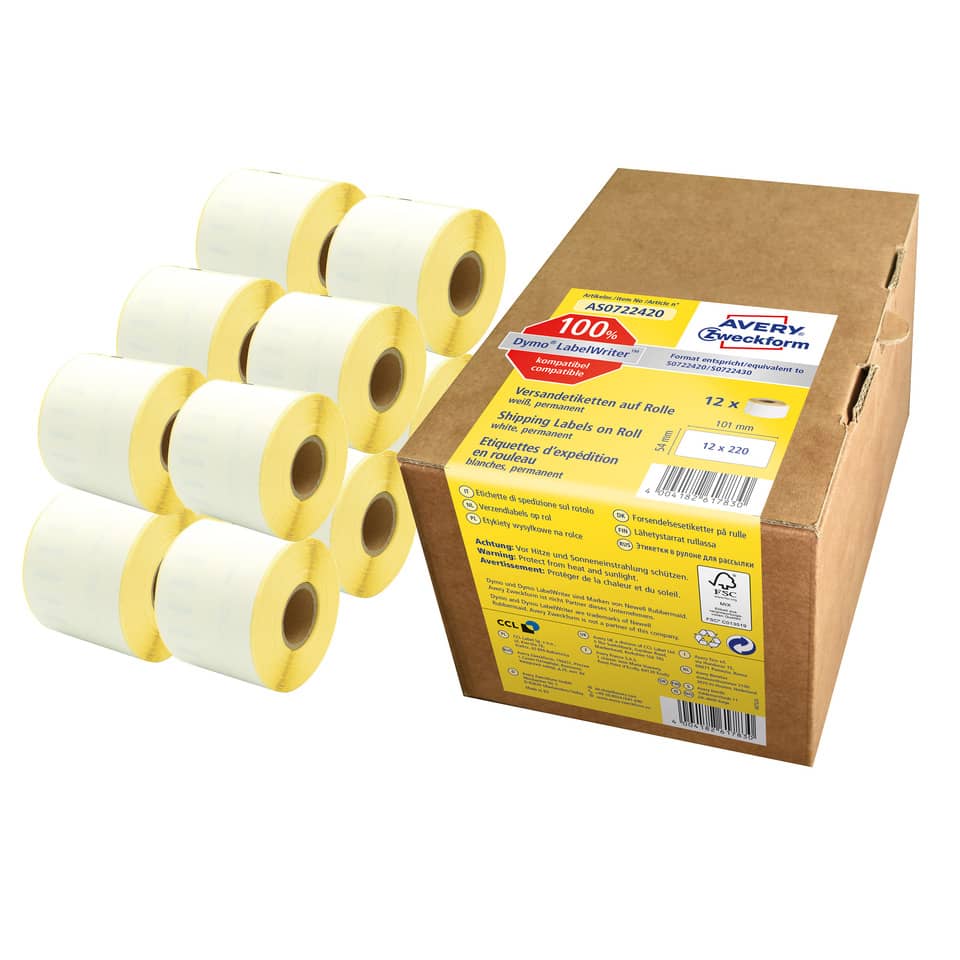 Rollen-Etiketten permanent, 54x101mm, 2640 Stück, weiß AVERY ZWECKFORM AS0722420 AVERY ZWECKFROM AS0722420