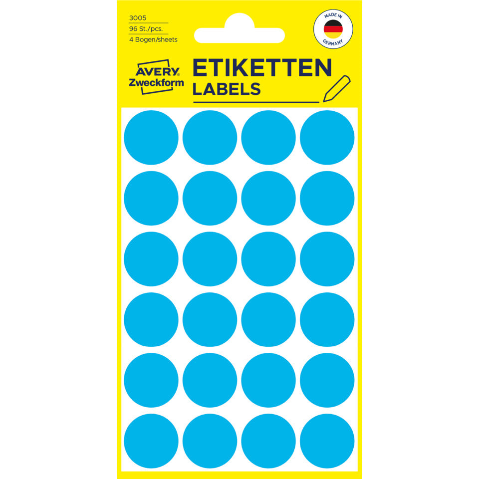 Markierungspunkte, Ø18mm, 96 Stück, blau AVERY ZWECKFORM 3005 ZWECKFORM 3005 permanent haftend