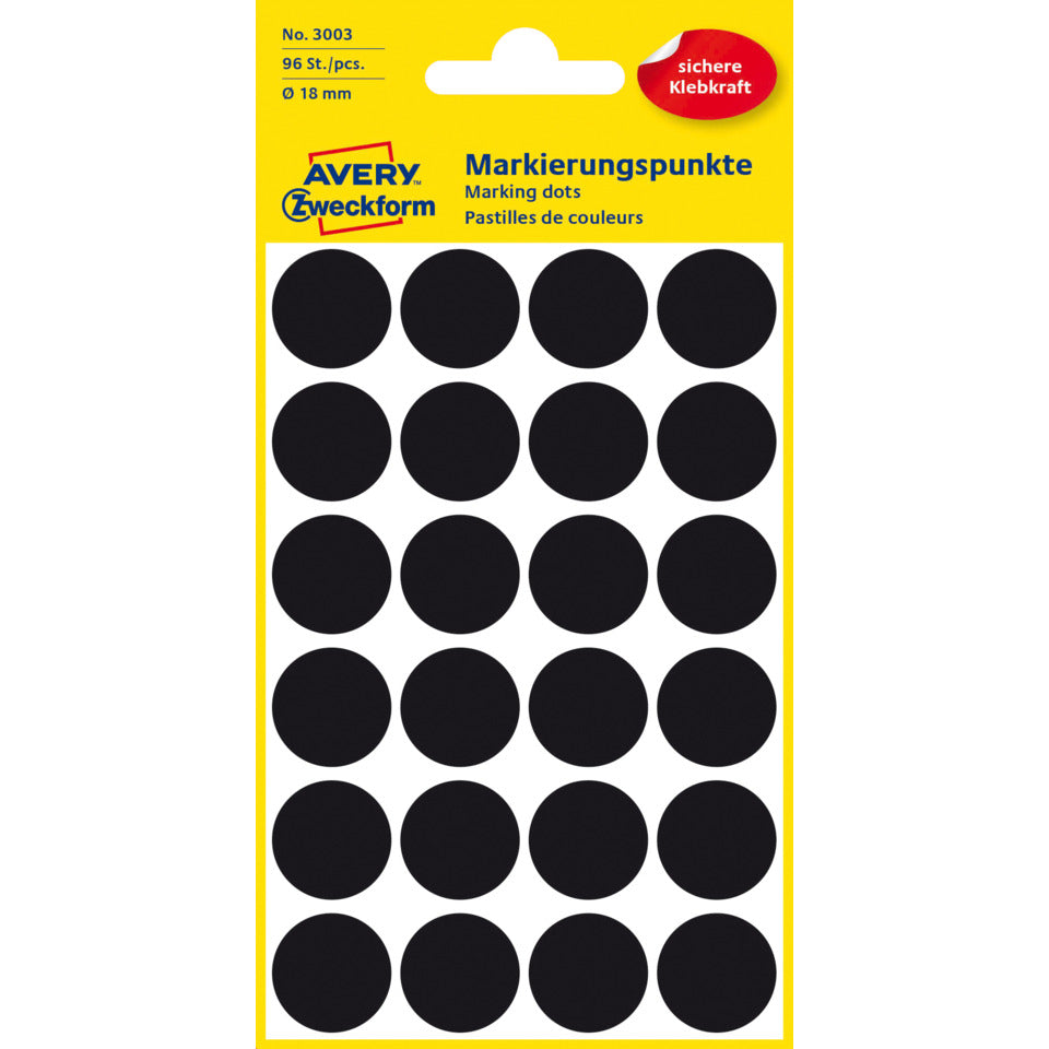Markierungspunkte, Ø18mm, 96 Stück, schwarz AVERY ZWECKFORM 3003 ZWECKFORM 3003 permanent haftend