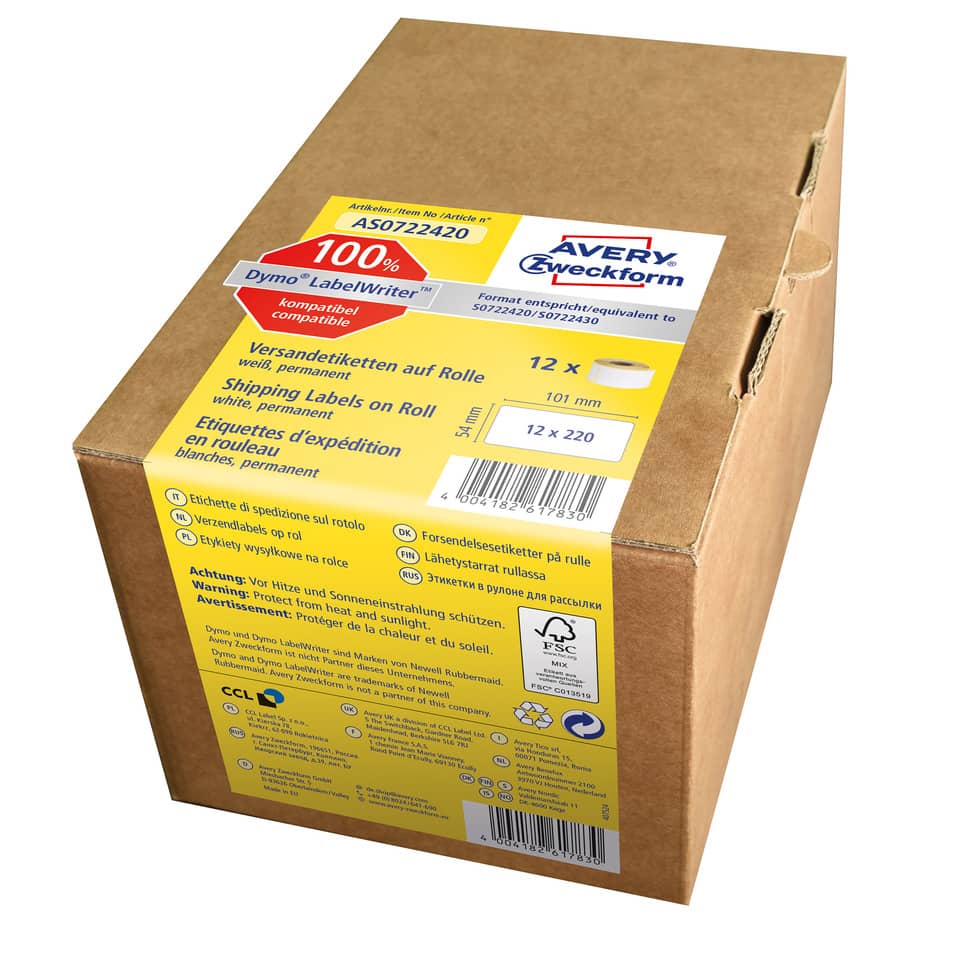 Rollen-Etiketten permanent, 54x101mm, 2640 Stück, weiß AVERY ZWECKFORM AS0722420 AVERY ZWECKFROM AS0722420
