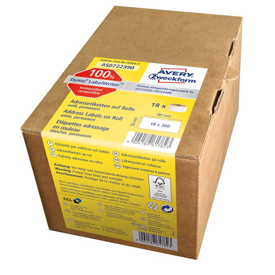 Rollen-Etiketten, 36x89mm, 4680 Stück, weiß AVERY ZWECKFORM AS0722390 AVERY ZWECKFROM AS0722390