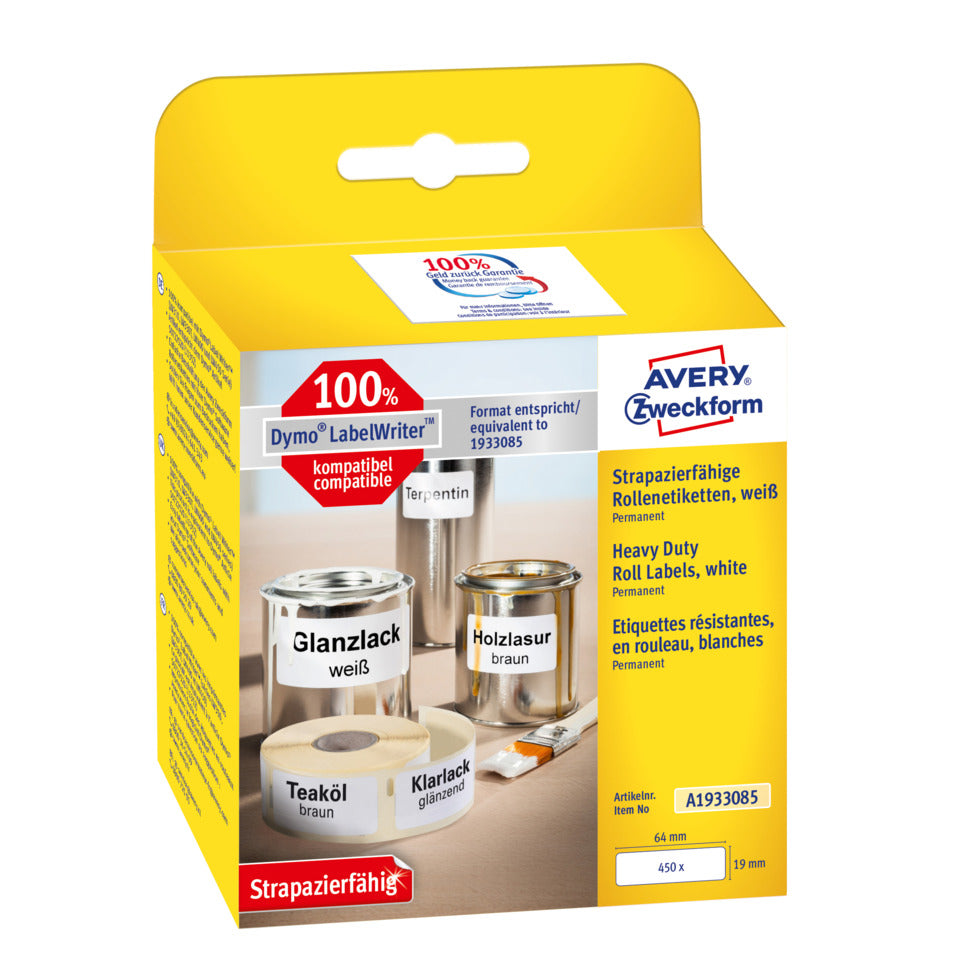 Rollen-Etiketten, 19x64mm, 450 Stück, weiß AVERY ZWECKFORM A1933085 AVERY ZWECKFORM A1933085 Folie
