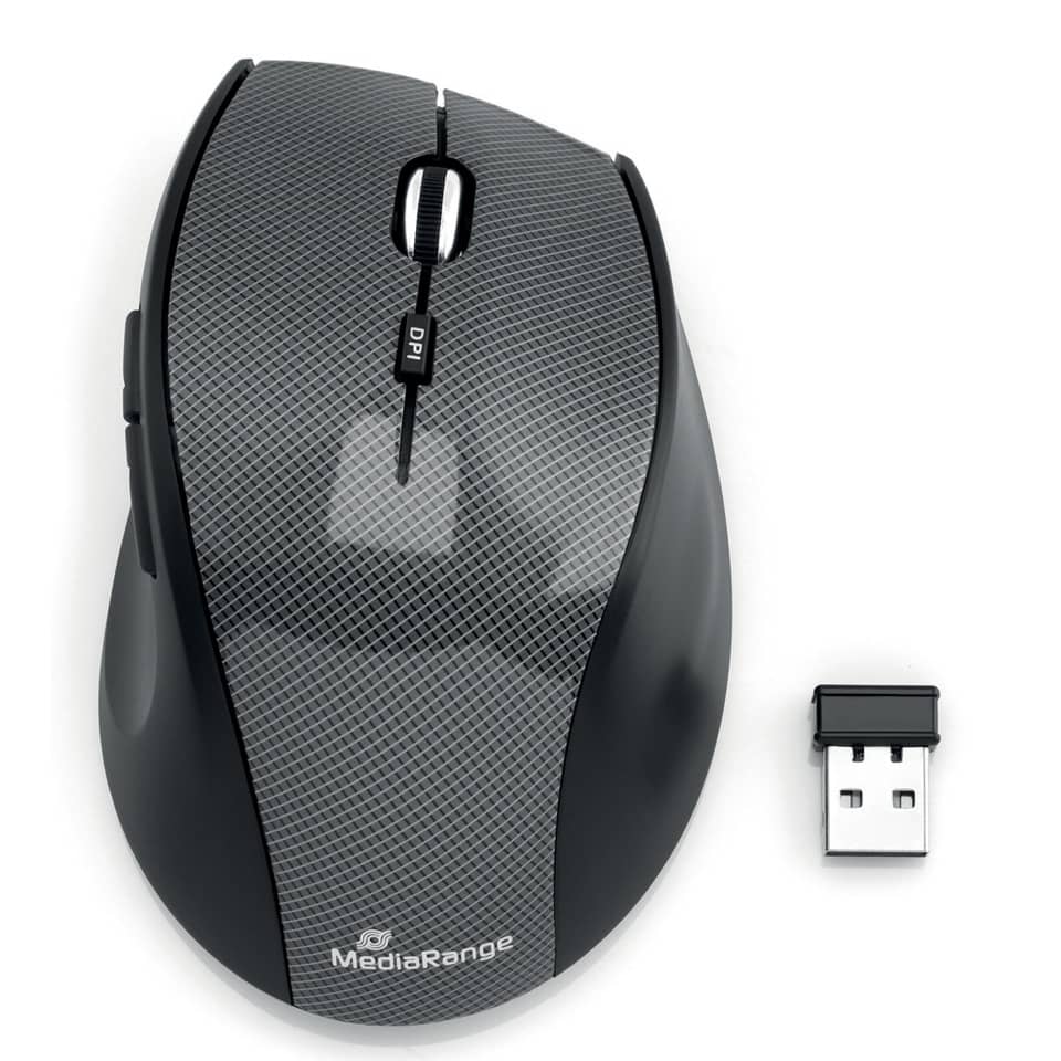 Maus Wireless - Rechtshänder, 5 Tasten, 1600dpi, optisch, schwarz/grau MEDIARANGE MROS207
