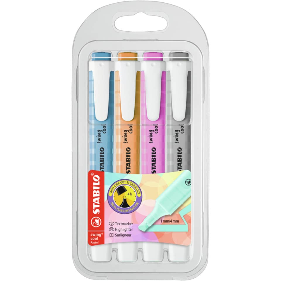Textmarker swing® cool Pastel Etui, 1-4mm, 4 Stück, sortiert STABILO 275/4-08-2 STABILO 275/4-08-2 Swing Cool