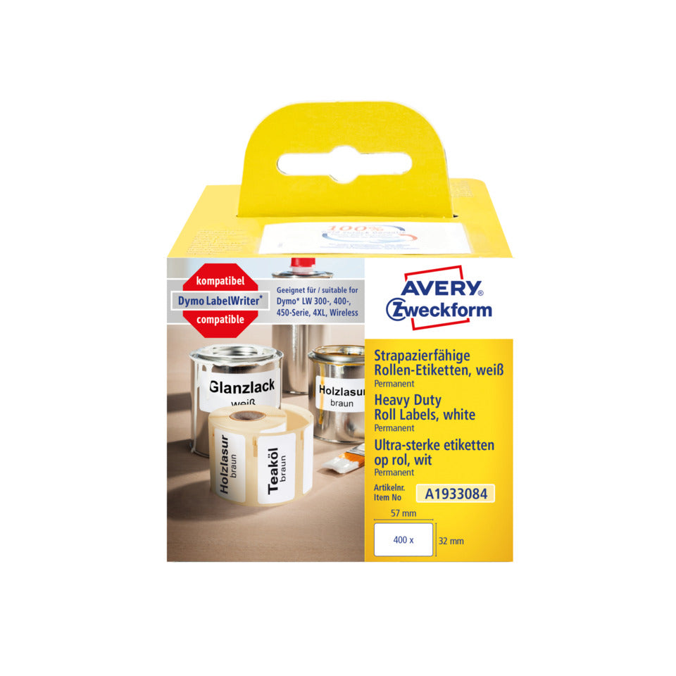 Rollen-Etiketten, 57x32mm, 400 Stück, weiß AVERY ZWECKFORM A1933084 ZWECKFORM A1933084 Folie