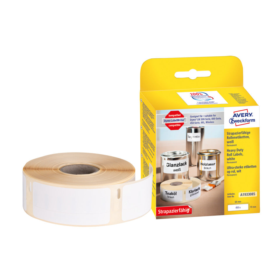 Rollen-Etiketten, 19x64mm, 450 Stück, weiß AVERY ZWECKFORM A1933085 AVERY ZWECKFORM A1933085 Folie