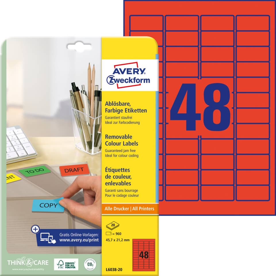Etiketten farbig ablösbar, 45,7x21,2mm, 960 Stück, rot AVERY ZWECKFORM L6038-20 ZWECKFORM L6038-20  960St