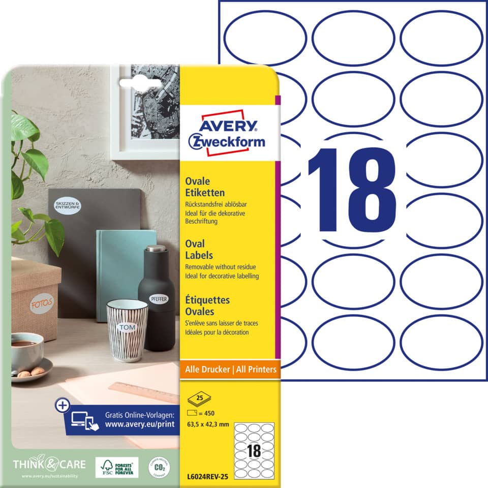 Ovale Etiketten ablösbar, 63,5x42,3mm, 450 Stück, weiß AVERY ZWECKFORM L6024REV-25 ZWECKFORM L6024REV-25 450ST
