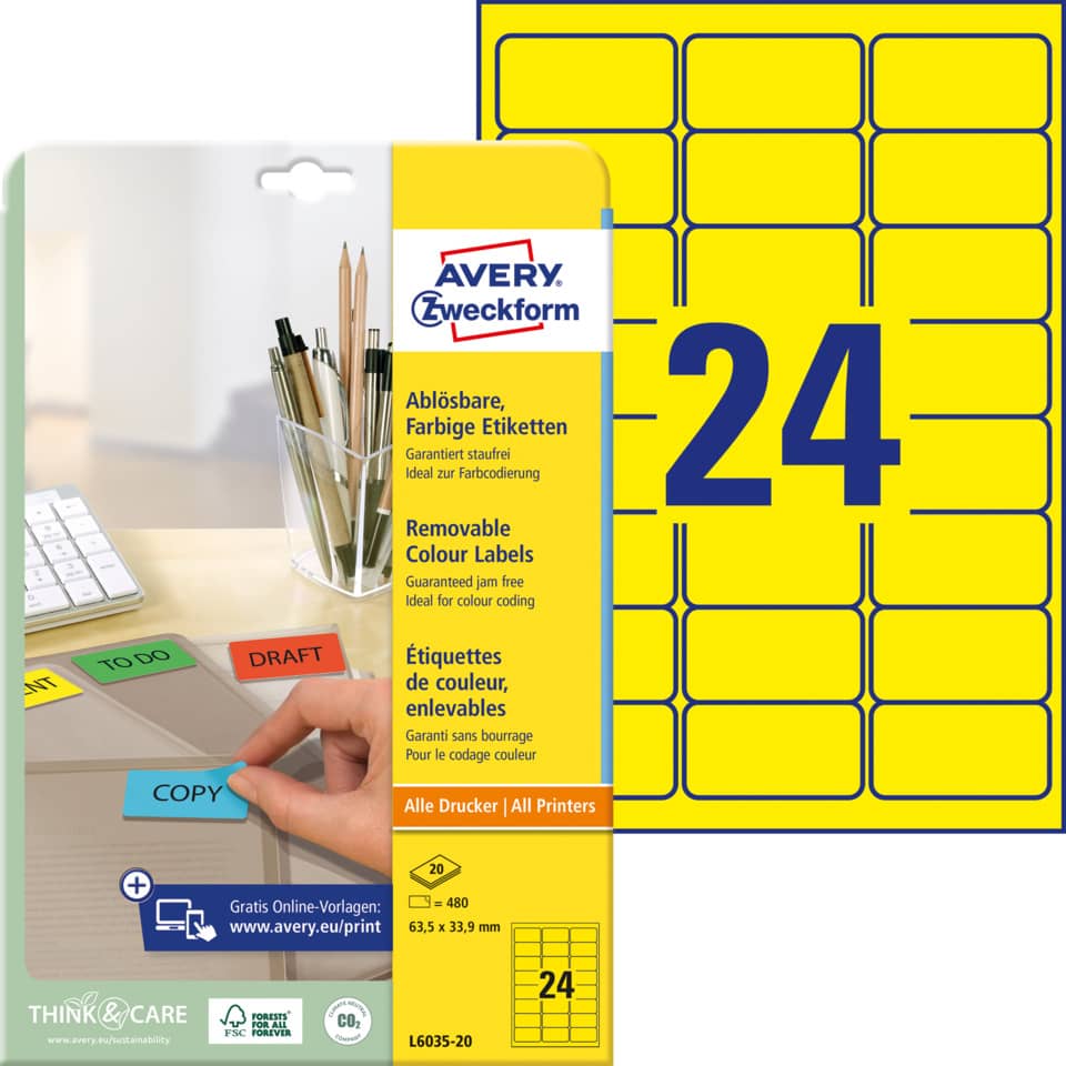 Etiketten farbig ablösbar, 63,5x33,9mm, 480 Stück, gelb AVERY ZWECKFORM L6035-20 ZWECKFORM L6035-20 480St
