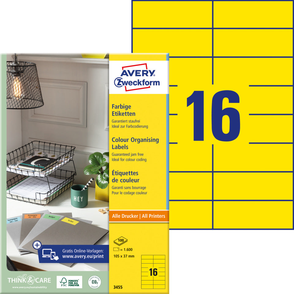 Etiketten farbig, 105x37mm, 1600 Stück, gelb AVERY ZWECKFORM 3455 ZWECKFORM 3455 1600ST