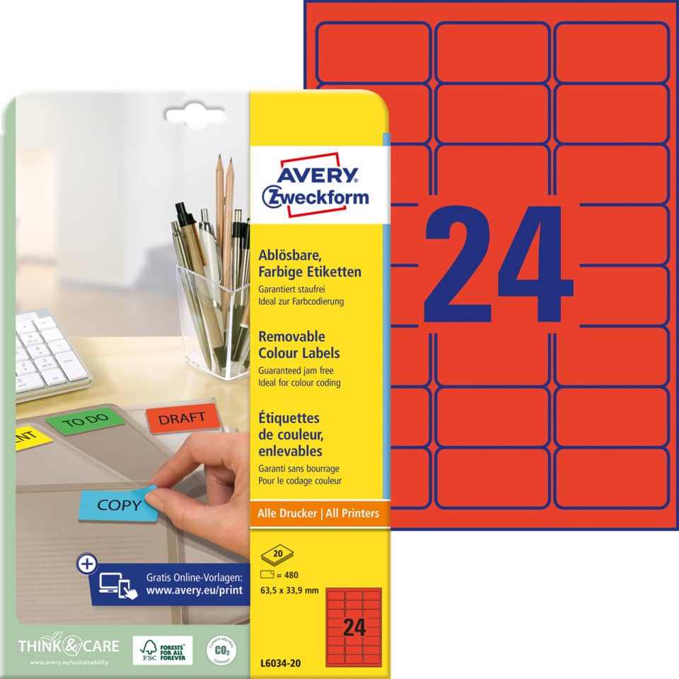 Etiketten farbig ablösbar, 63,5x33,9mm, 480 Stück, rot AVERY ZWECKFORM L6034-20 ZWECKFORM L6034-20  480St
