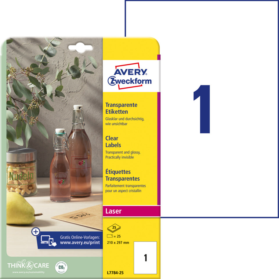 Transparente Etiketten, 210x297mm, 25 Stück, transparent AVERY ZWECKFORM L7784-25 ZWECKFORM L7784-25 Pg25St