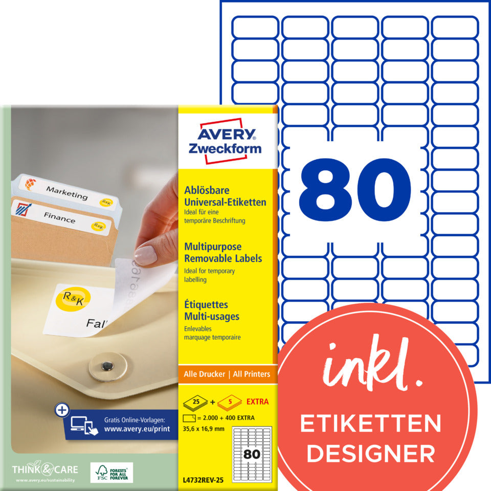 Universaletiketten ablösbar, 35,6x16,9mm, 2400 Stück, weiß AVERY ZWECKFORM L4732REV-25 ZWECKFORM L4732REV-25 weiß