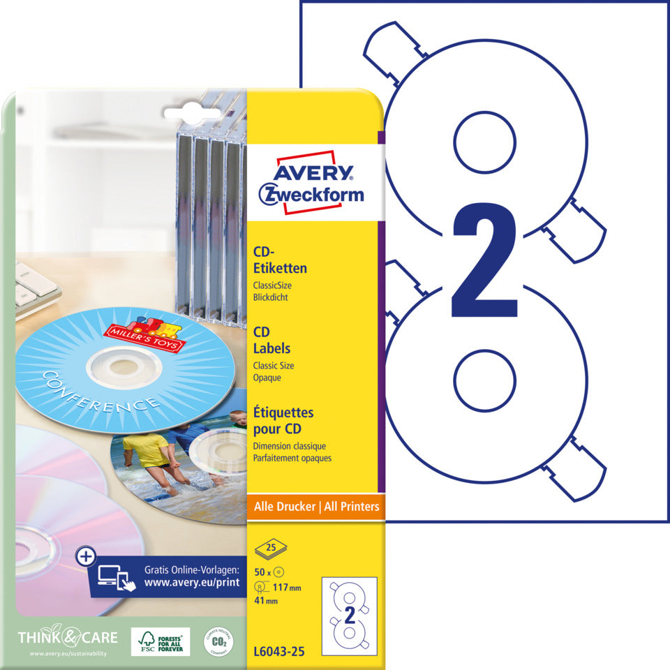 CD-Etiketten ClassicSize, Ø117mm, 50 Stück, weiß AVERY ZWECKFORM L6043-25 ZWECKFORM L6043-25 50ST
