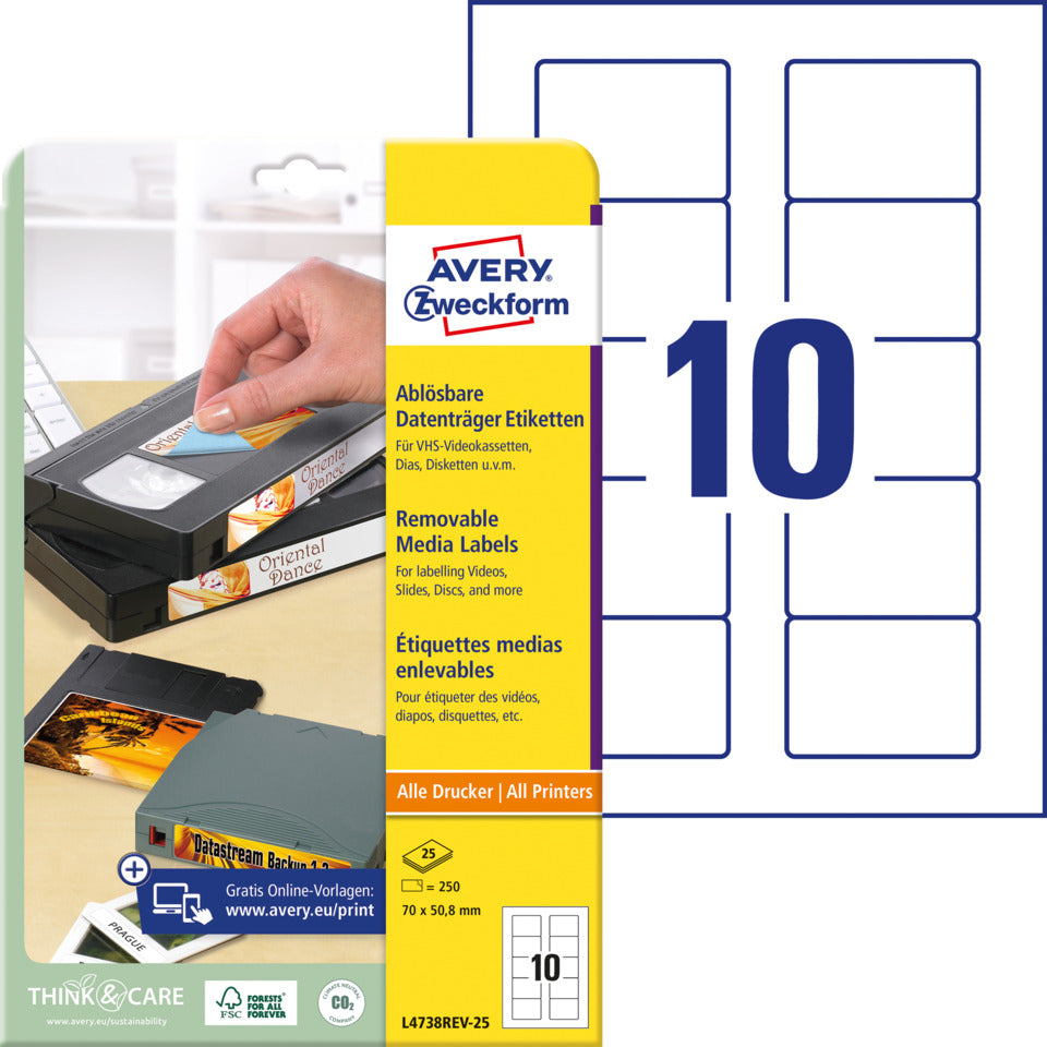 Etiketten für Disketten, 70x50,8mm, 250 Stück, weiß AVERY ZWECKFORM L4738REV-25 ZWECKFORM L4738REV-25 weiß