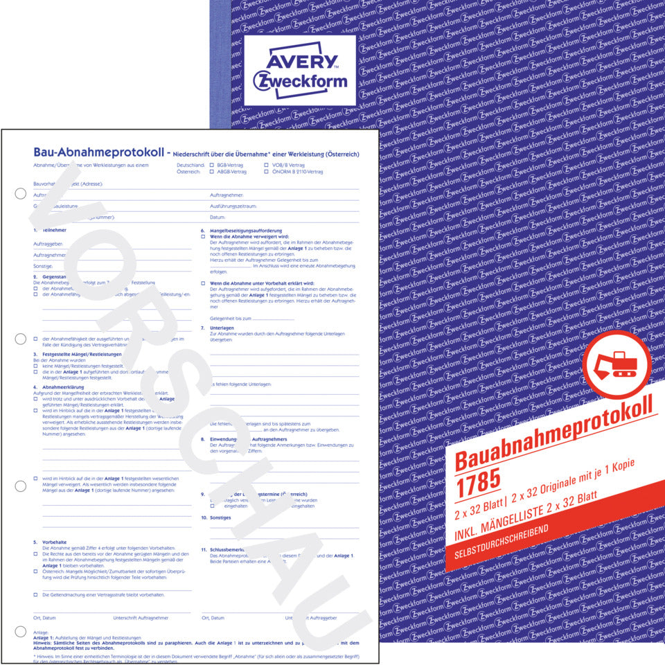 Bauabnahmeprotokoll, A4, selbstdurchschreibend, je 2x32 Blatt AVERY ZWECKFORM 1785 ZWECKFORM 1785 selbstd.