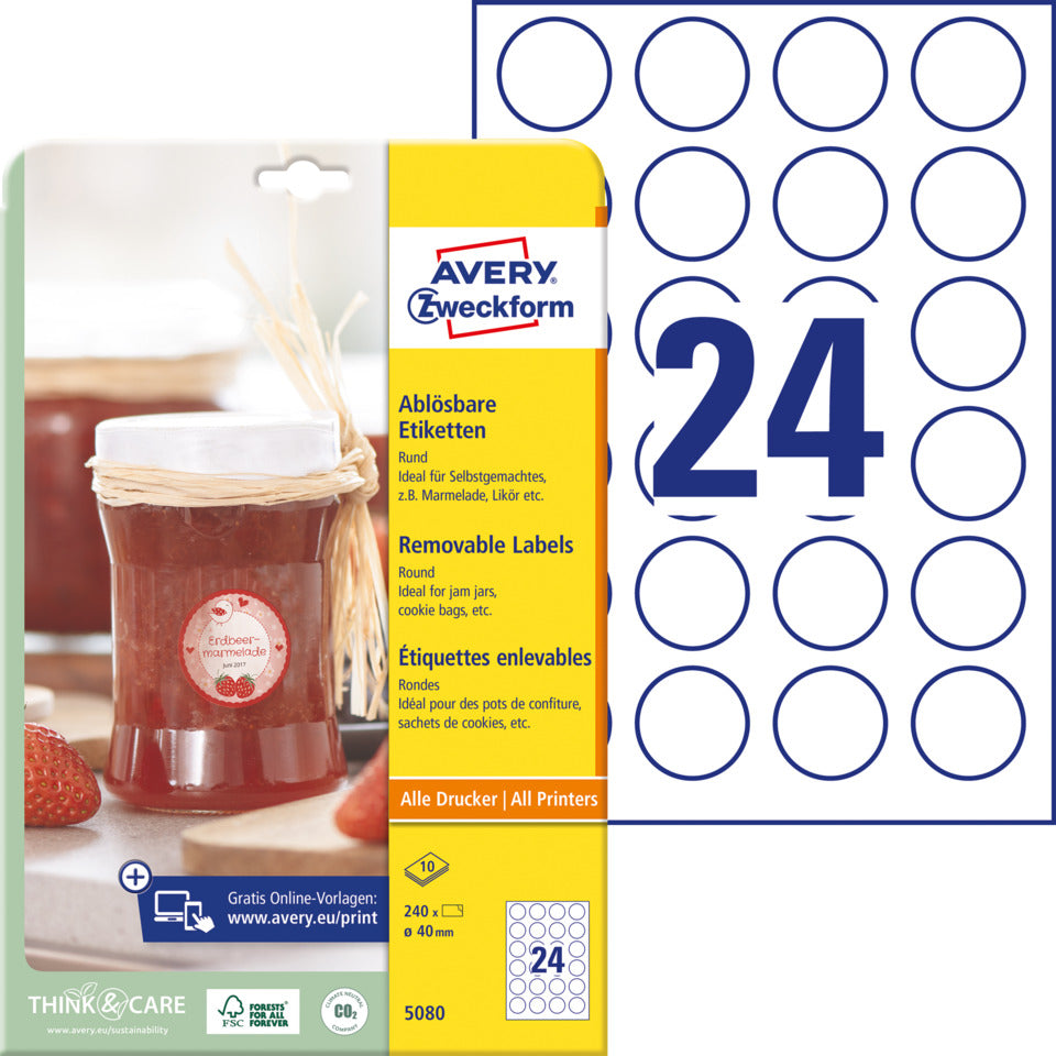 Runde Etiketten ablösbar, Ø40mm, 240 Stück, weiß AVERY ZWECKFORM 5080 ZWECKFORM 5080 ablösbar