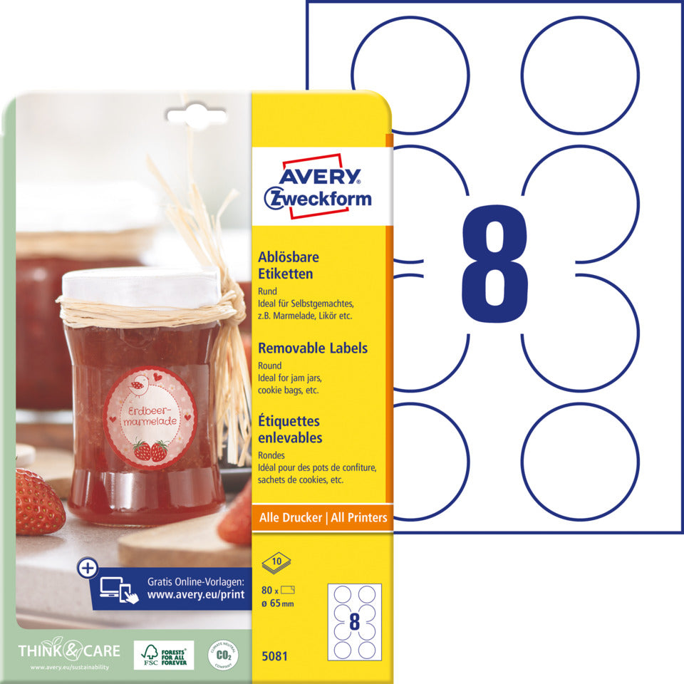 Runde Etiketten ablösbar, Ø65mm, 80 Stück, weiß AVERY ZWECKFORM 5081 ZWECKFORM 5081 ablösbar