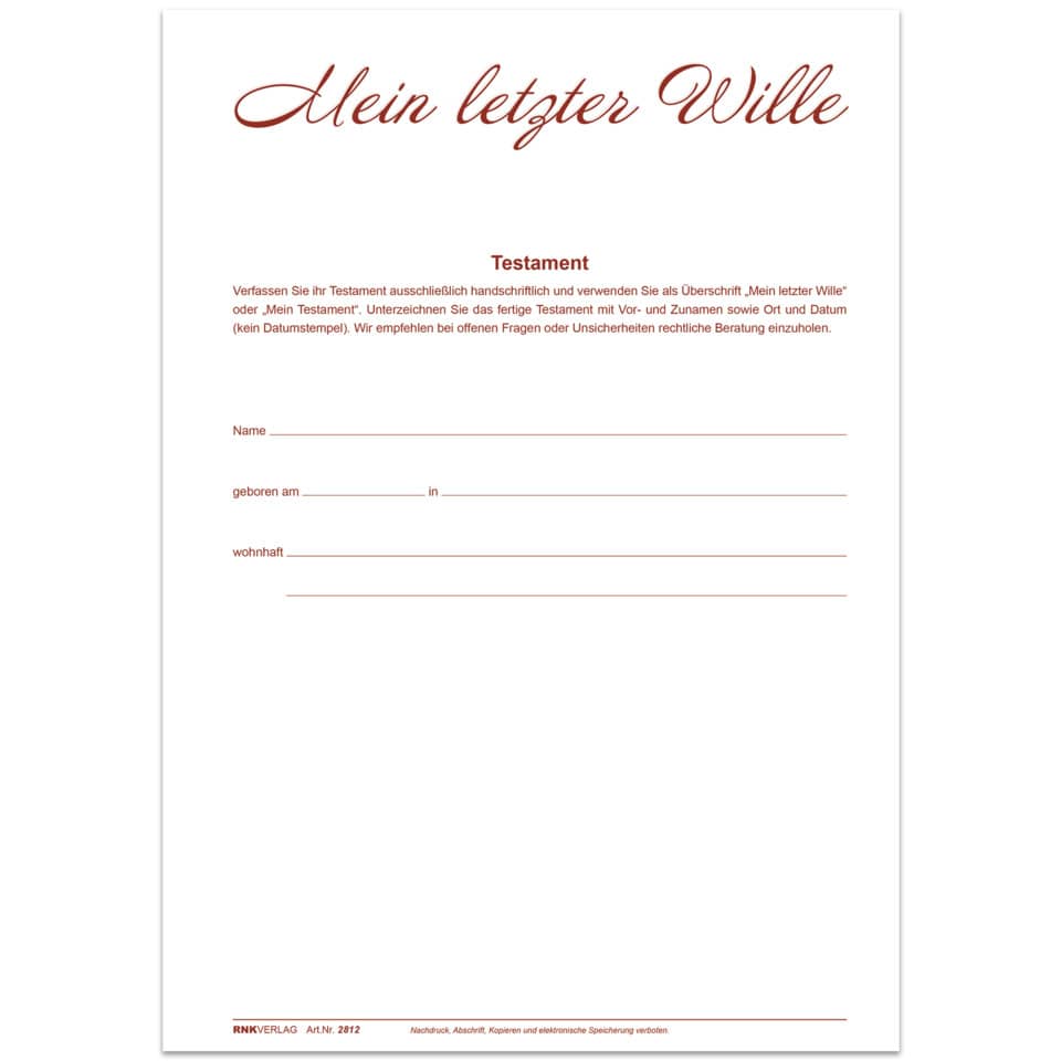 Testamentmappe Mein letzter Wille, A4, weinrot RNK 2898
