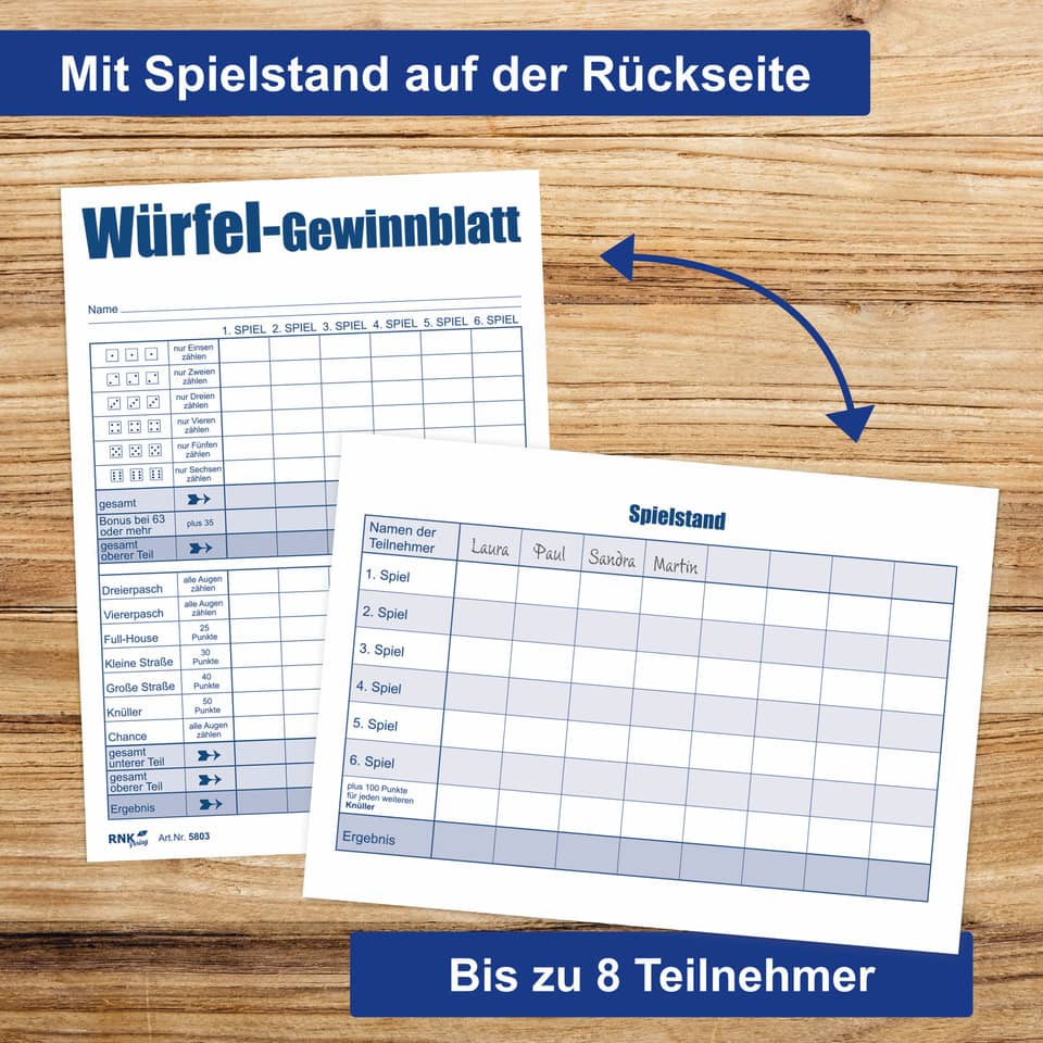 Würfelspiel-Gewinnblatt - Block DIN A6, 3 x 85 Blatt RNK 5803 RNK 5803 für 1530 Spiele PG 3ST
