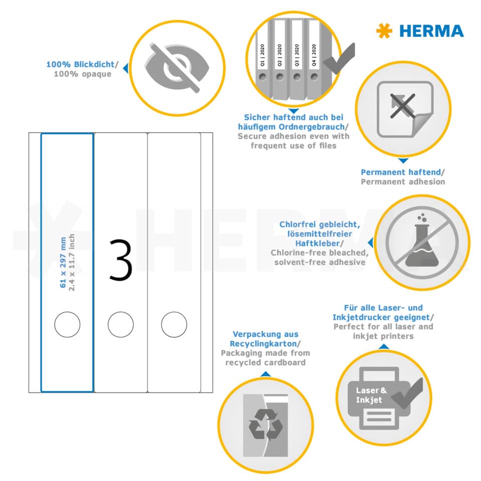 Ordnerrückenschild permanent, 61 x 297 mm, breit/lang, 75 
Stück, weiß HERMA 5135 HERMA 5135 breit/lang permanent haftend
