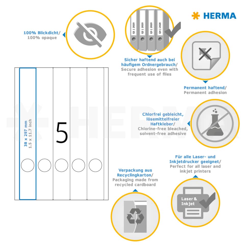 Ordnerrückenschild permanent, 38 x 297 mm, schmal/lang, 125 
Stück, weiß HERMA 5130 HERMA 5130 schmal/lang permanent haftend