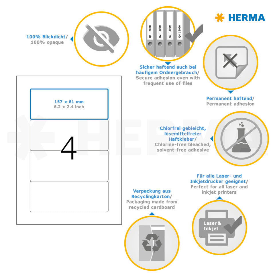Ordnerrückenschild permanent, 61 x 157 mm, breit/kurz, 100 
Stück, weiß HERMA 5121 HERMA 5121 PG=100st