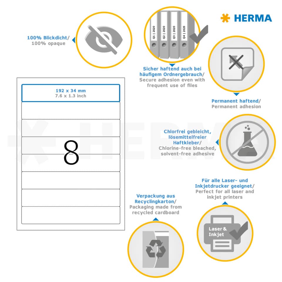 Ordnerrückenschild permanent, 34 x 192 mm, schmal/kurz, 200 Stück, weiß HERMA 5160 HERMA 5160 schmal/kurz permanent haftend