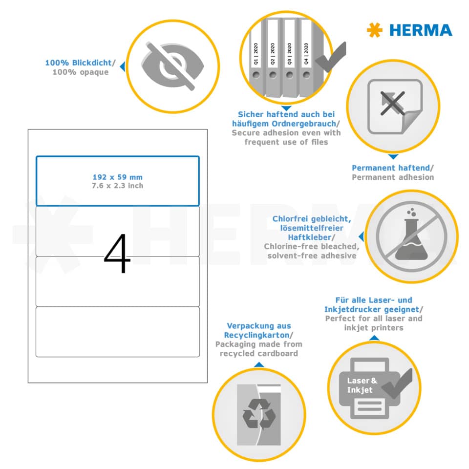 Ordnerrückenschild permanent, 59 x 192 mm, breit/kurz, 100 
Stück, weiß HERMA 5123 HERMA 5123 breit/kurz permanent haftend