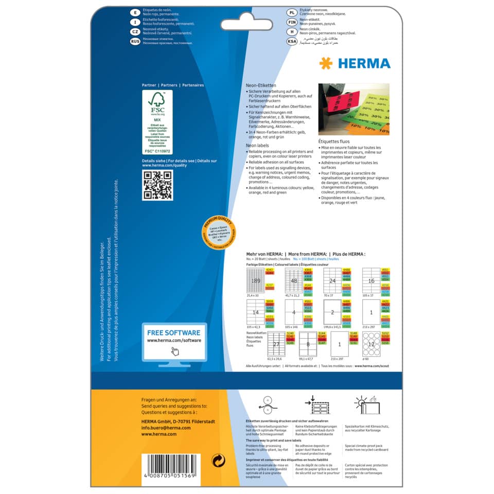 Neonetiketten permanent, Ø60mm, 240 Stück leuchtrot HERMA 5156 HERMA 5156  240 Stück permanent haftend