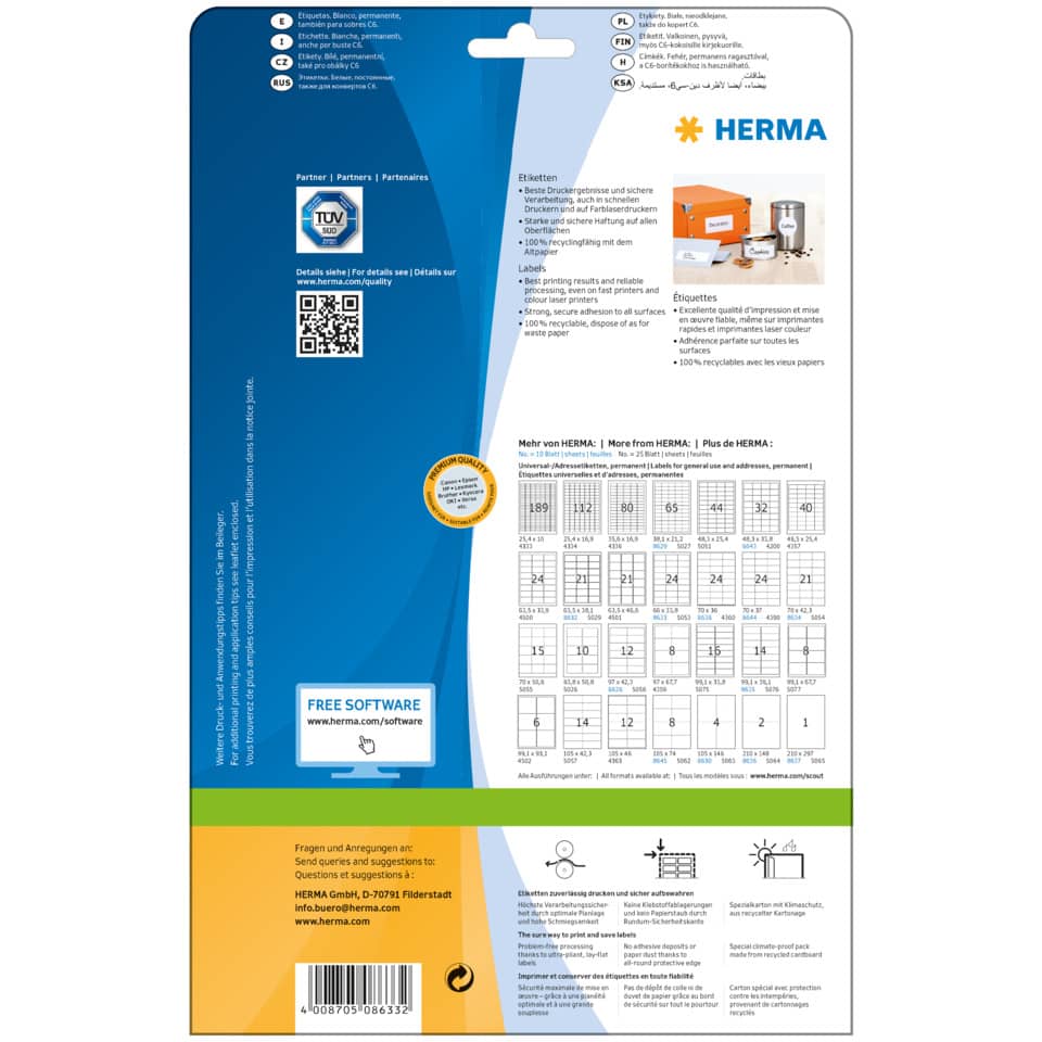Etiketten Premium permanent, 66x33,8mm, 240 Stück, weiß HERMA 8633 HERMA 8633  240 St. permanent haftend