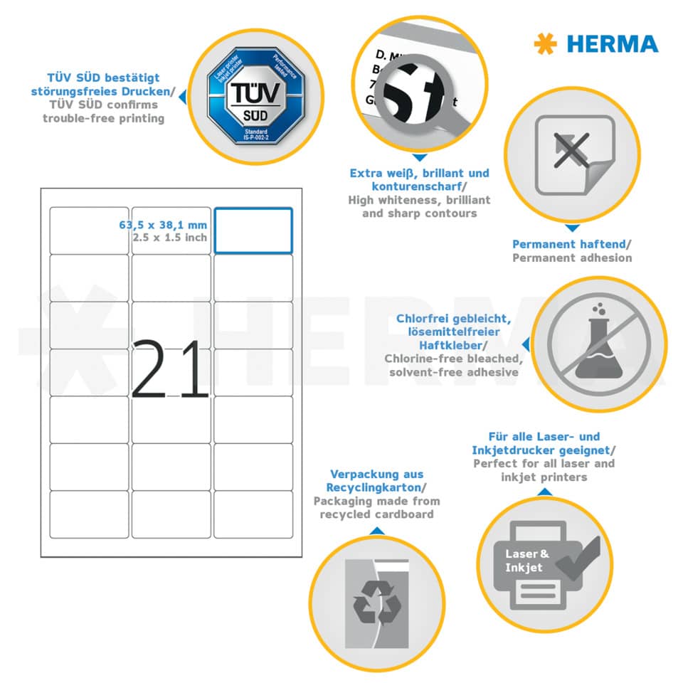 Etiketten Premium permanent, 63,5x38,1mm, 210 Stück, weiß HERMA 8632 HERMA 8632  210 St. permanent haftend