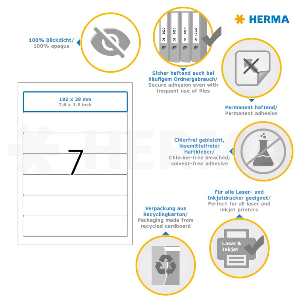 Ordnerrückenschild permanent, 38 x 192 mm, schmal/kurz, 700 Stück, weiß HERMA 4283 HERMA 4283 schmal/kurz permanent haftend
