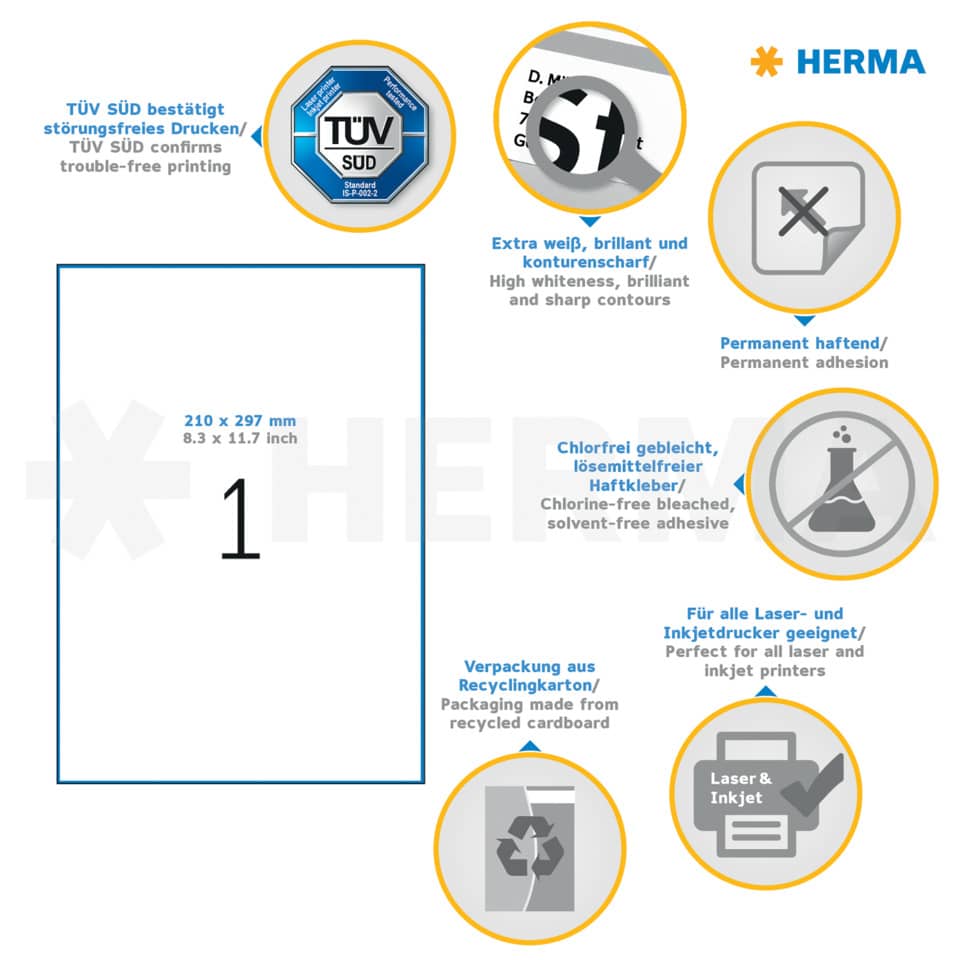 Etiketten Premium permanent, 210x297mm, 10 Stück, weiß HERMA 8637 HERMA 8637  10 St. permanent haftend