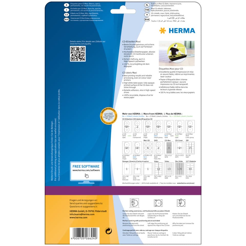 CD-Etiketten permanent, Ø116mm, 20 Stück, weiß HERMA 8624 HERMA 8624  20 Stück permanent