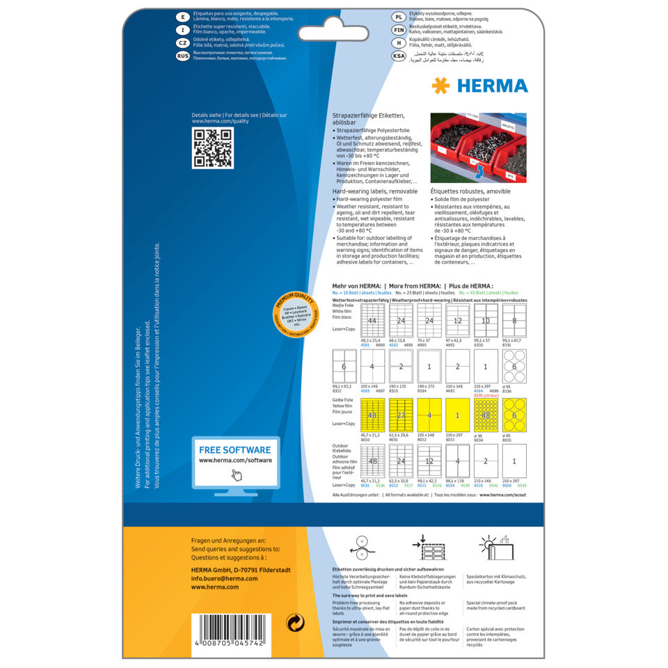 Wetterfeste Folien-Etiketten A4, 97,0 x 42,3 mm, weiß, wiederablösbar HERMA 4574 HERMA 4574 Outdoor