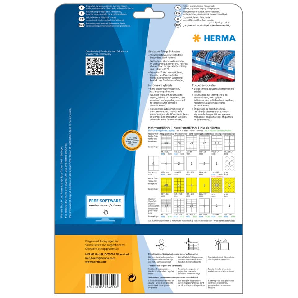 Folienetiketten stark haftend, 66x33,8mm, wetterfest, 600 Stück, weiß HERMA 4691