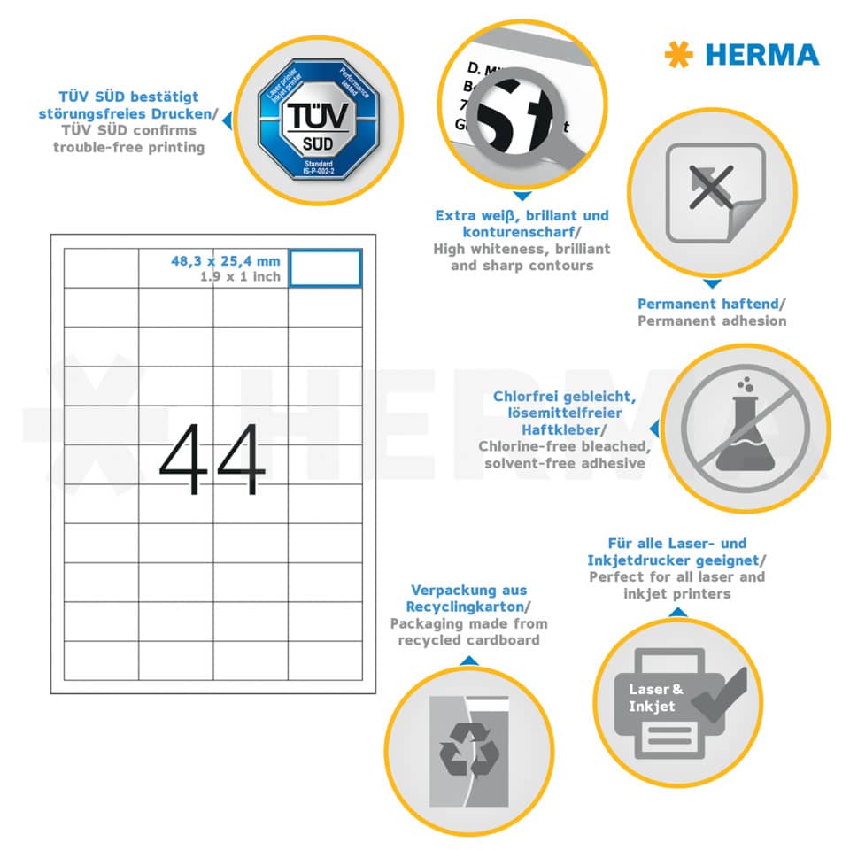 Etiketten Premium permanent, 48,3x25,4mm, 1100 Stück, weiß HERMA 5051 HERMA 5051 Premium 1100 St. permanent