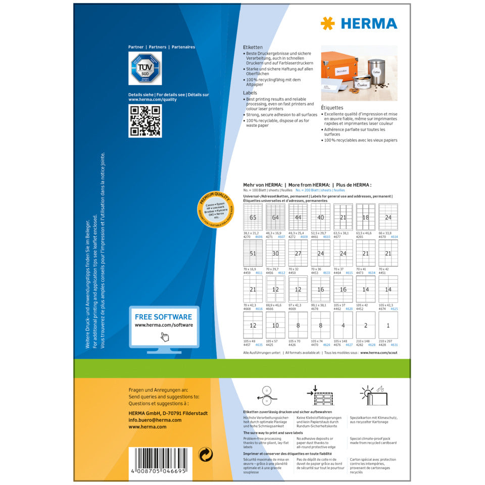 Etiketten Premium permanent, 97x42,3mm, 1200 Stück, weiß HERMA 4669 HERMA 4669 1200 Stück permanent haftend