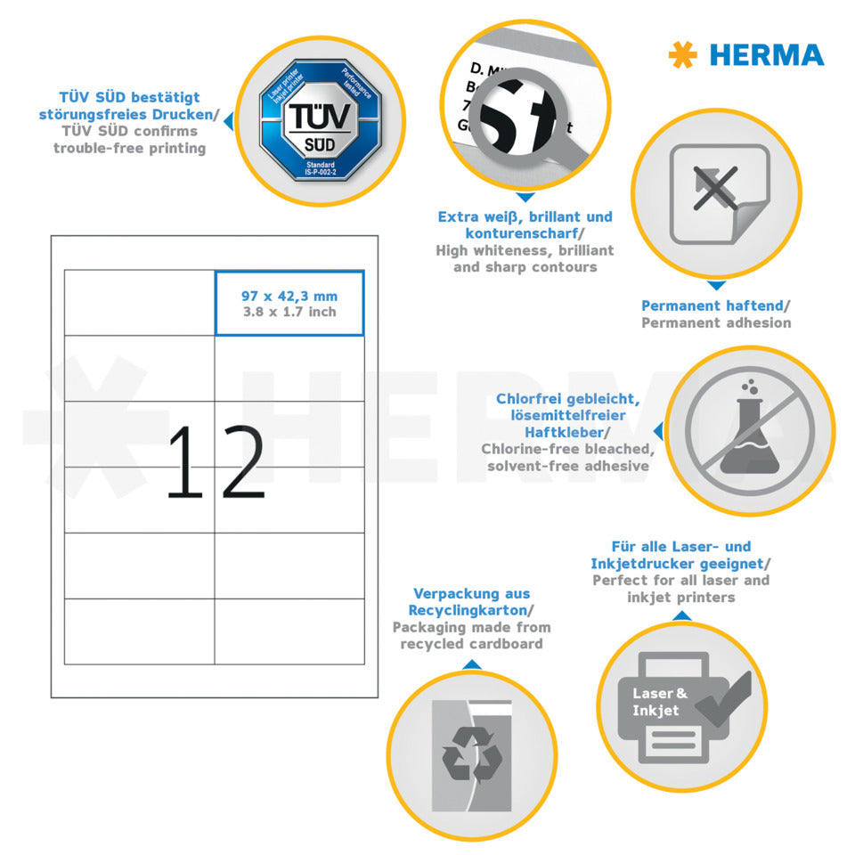 Etiketten Premium permanent, 97x42,3mm, 1200 Stück, weiß HERMA 4669 HERMA 4669 1200 Stück permanent haftend